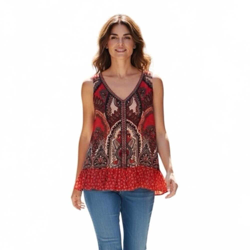 Bila Red Paisley Ruffle Hem Tank Top Women’s Large Boho Sleeveless Festival chic